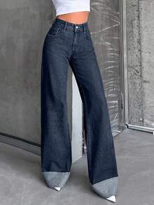 SHEIN Tall HIGH WAIST100%Cotton Rolled Up Wide Leg Jeans - Dusty Blue - View 4