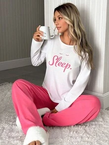 EURMUSE Women 2 Pcs Contrast Colour Lettered Printed Long Sleeve Top&Sloid Colour With Lettered Detail Pants Homewear Set - Multicolor - View 7