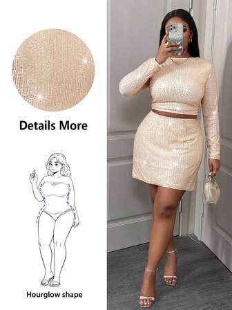 Hourglow Ceceforeign_ Dwuczęściowy zestaw damski w dużym rozmiarze, z modnym, imprezowym cekinowym topem z długim rękawem i mini spódniczką, dla sylwetki klepsydry