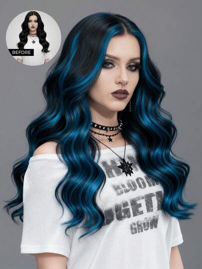 Goth Colored Clip In Hair Extensions 100% Real Human Hair Color Blue# 2Pcs With 4 Clips Straight Highlight Colorful Hairpieces Rainbow Hair Extension For All Hair Types & Fashion Lovers