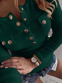 INAWLY Square Neck Half-Zip Long Sleeve Casual T-Shirt - Dark Green - View 4