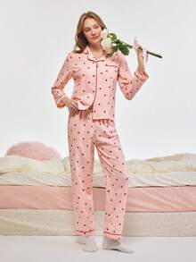 Bonmuse 樱桃印花睡衣套装，甜美可爱翻领纽扣长袖上衣和裤子，女士睡衣和家居服，秋冬秋季服装 - 粉色 - 查看 6
