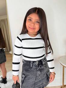 Svartvit ribbad rund halsringning, lös passform, tjock långärmad t-shirt för ung flicka, avslappnad pullover-tröja lämplig för höst/vinter - Svart och Vitt - Visa 3