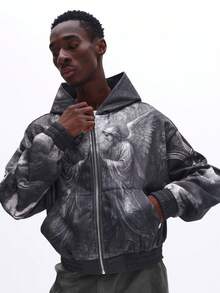 SUMWON Crop Fit Men's Angel Print All Over Full Zip Hoodie Long Sleeve Graphic Art Design Oversized Casual Sweatshirt - Grey - View 4