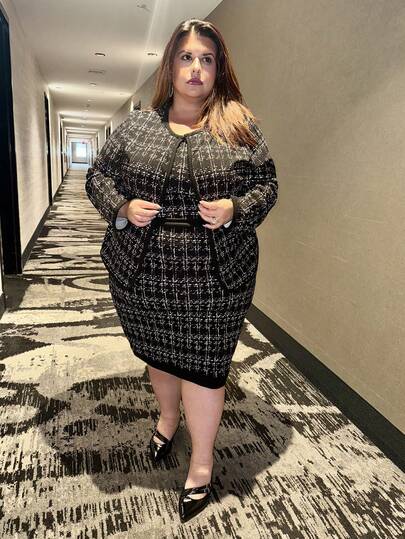 Enliva 大码女装优雅黑色针织针织女秋季套装背心裙冬季女装套装黑色裙子黑色两件套