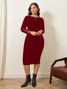 Chikora 大码女式水钻装饰褶皱修身优雅派对长袖连衣裙 - 酒紅色 - 查看 6