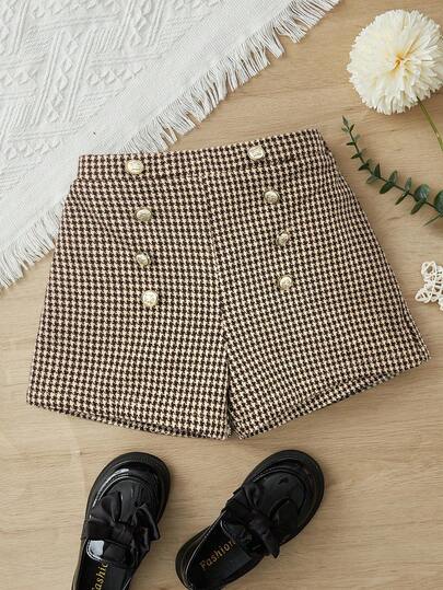 SHEIN Young Girls' Fashion Elegant Woven Plaid Golden Metal Decor Button Front Shorts ,College Style,Great For Casual & Daily Wear & School Daily In Autumn & Winter,Mom And Daughter And Sisters Matching. Vacation Suitable For All Seasons - Spring, Summer, Autumn, Winter