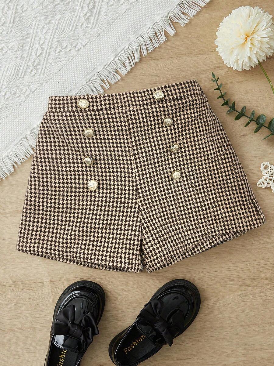 SHEIN 年轻女孩时尚优雅格子金色金属装饰纽扣前开短裤，学院风，非常适合秋冬季休闲日常穿着和上学穿着，母女姐妹装。 - 卡其色 - 查看 1