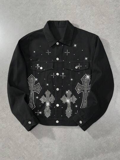 Herren Denim Jacke mit Strass Kreuz Muster, Langarm, Einreiher