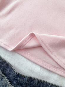 SHEIN 少女纯色圆领修身休闲短款短袖T恤 - 粉色 - 查看 4