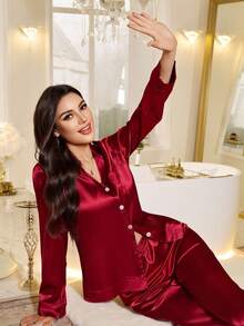 LuxeNights Women's New Autumn/Winter Long Sleeve Top & Long Pants Faux Silk Pajama Set, Fall Clothes, For Christmas - Burgundy - View 3