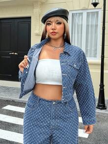 SHEIN ICON Jaket Denim Rajut Kasual Ukuran Besar untuk Wanita, Musim Gugur/Musim Dingin - Medium Wash - View 7