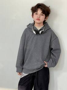 DAZY Sweat-shirt-shirt décontracté ample en polaire de couleur unie pour pré-adolescents, style basique pour les étudiants, automne et printemps frais - Gris foncé - Voir 6