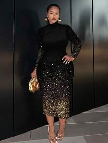 Slaydiva Elegantes goldenes Farbverlauf-Glitzer-Muster, schwarzes Maxikleid, Geburtstagskleid, Weihnachtsparty, lässiges minimalistisches Langarmkleid in Große Größen mit Rundhalsausschnitt und figurbetonter Passform, geeignet für Herbst-/Winterpartys - Verschiedenfarbig - Übersicht 5