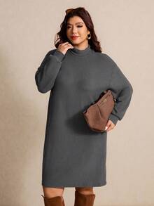 Elaquor Plus Size Solid Color Turtleneck Long Sleeve Casual Dress, Autumn/Winter - Dark Grey - View 5