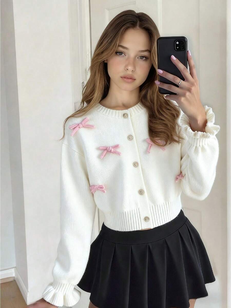 Sparklyn 少女Y2K甜美蝴蝶结复古针织毛衣，休闲百搭，适合返校季和秋冬季穿着。 - 白色 - 查看 1