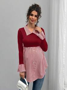 Momance Blusa de maternidad estilo casual de vacaciones con estampado de rayas y parches, manga con volantes, para primavera/otoño - Burdeos - Ver 4