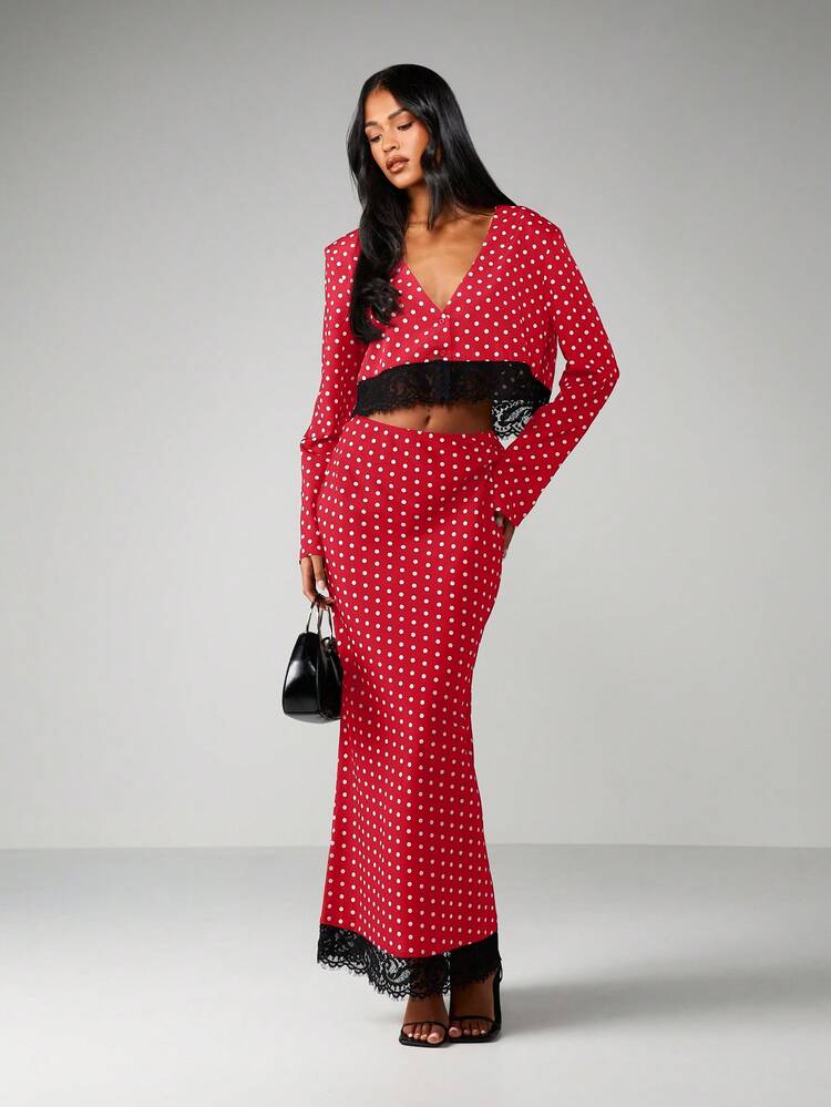 MISSGUIDED Polka Dot Two Piece With Lace Trim