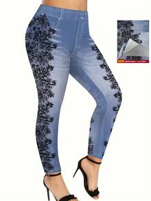 SHEIN LUNE Quần bó thường ngày cỡ lớn cho nữ có viền ren và thiết kế hiệu ứng denim - Nhiều màu - Xem 1