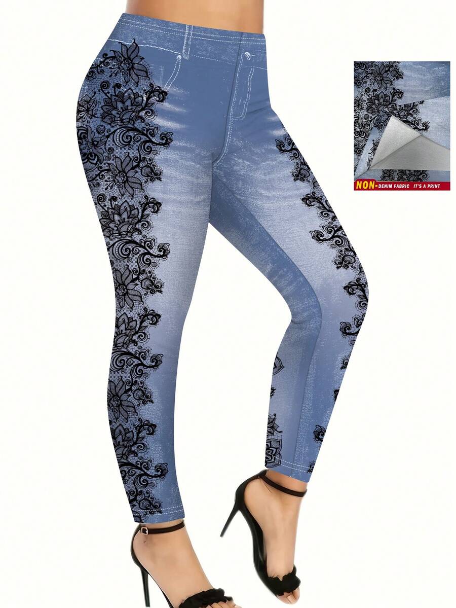 SHEIN LUNE Quần bó thường ngày cỡ lớn cho nữ có viền ren và thiết kế hiệu ứng denim - Nhiều màu - Xem 1