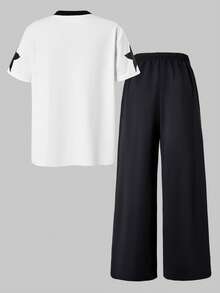 SHEIN ChillGRL 2pcs/Set Casual Collegiate Girl Numeric Pattern V-Neck Short Sleeve & Wide Leg Sweatpants Outfit - Black - View 2