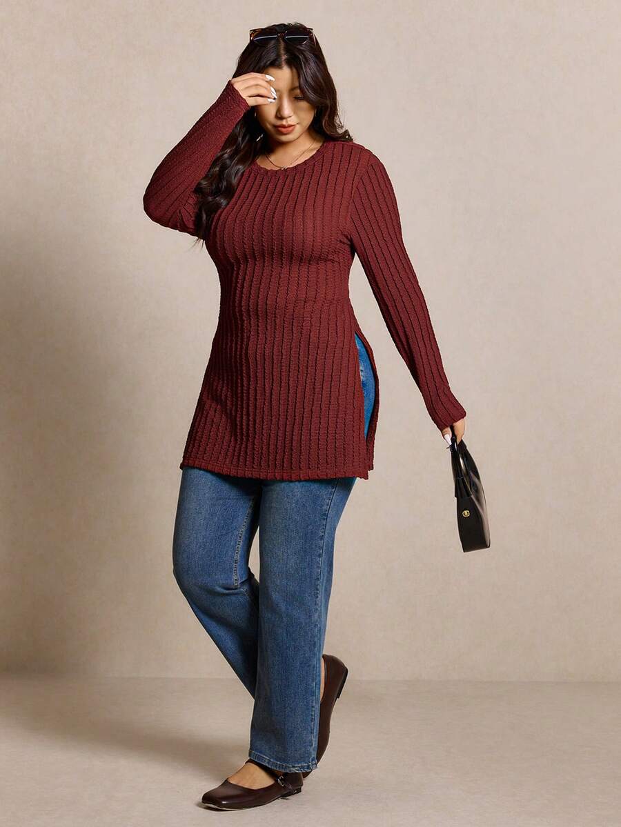 Elaquor Áo thun nữ cỡ lớn, màu trơn, cổ tròn, tay dài, kiểu dáng thường ngày, xẻ tà bên hông. - Rỉ Nâu - Xem 1