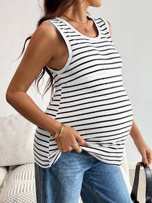 SHEIN Summer Maternity Casual Tank Nursing Top For Women Striped Round Neck Casual Versatile Nursing Tank Top - Black and White - View 7
