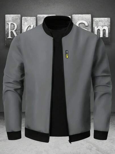 Manfinity Homme Chaqueta de béisbol casual con cuello de cremallera y contraste de color para hombre en otoño