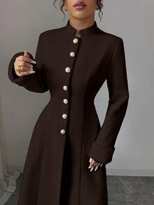 Elenzga New Women's Stand Collar Long Sleeve Faux Rabbit Fur Cuff Splice Double-Sided Woolen Fabric Open Front Design Waist A-Line Casual Daily Versatile Young Elegant Ladies Wool Long Coat, Autumn/Winter - Coffee Brown - View 6