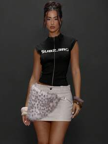 MUSERA 高领印花拉链长款罗纹上衣，适合冬季外出、日常夜间活动、性感街头风，优雅春夏Y2K风格。 - 黑色 - 查看 1