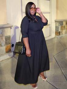 Truni Đầm thường ngày dài tay bó eo màu trơn cỡ lớn cho nữ, mùa thu - màu đen - Xem 6