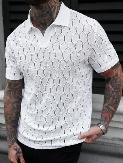 Manfinity CasualCool Men's Polo Shirt, Hollow Knit, Jacquard Knit, V-Neck Polo Shirt Mens Lace Mesh Shirt Mens Mesh Shirt White Laced Mens Shirt