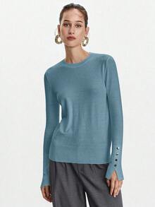 Lumivelle 百搭圆领休闲长袖针织打底衫 - 藍色 - 查看 5