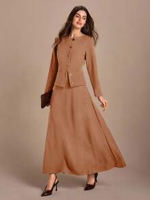 CLARA VERO Women, Autumnn, Long Sleeve, Two Set, Top, Skirt, Split, - Camel - View 4