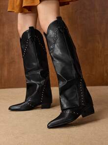 MOTF BOTAS DE MUJER DE PIEL DE PU CON REMACHES Y TACÓN DE MODA - Negro - Ver 7