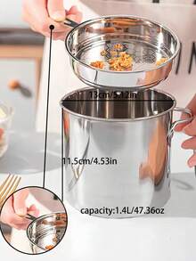 1.4升不锈钢可重复使用滤油壶，带细网滤网 - 专业厨房油脂过滤器，适用于煎炸、烹饪、生物燃料 - 易倾倒壶嘴和舒适手柄，可放入洗碗机清洗