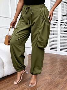 SHEIN LUNE CURVE Quần dài thoải mái, rộng rãi, màu trơn, thường ngày - màu xanh lá - Xem 7
