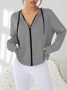 SHEIN Sports Women's Solid Color Long Sleeve Mesh Patchwork Zipper Front Hooded Sports Jacket - Grey - View 2