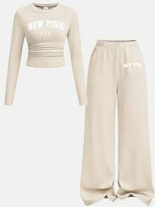 SHEIN Tween Girls Versatile Butterfly Pattern Long Sleeve Top And Pants 2 Pieces Set, Light Grey - Khaki - View 6