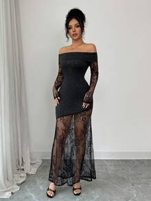 Elenzga Women's Off Shoulder Contrast Lace Long Sleeve Fishtail Hem Elegant Dress