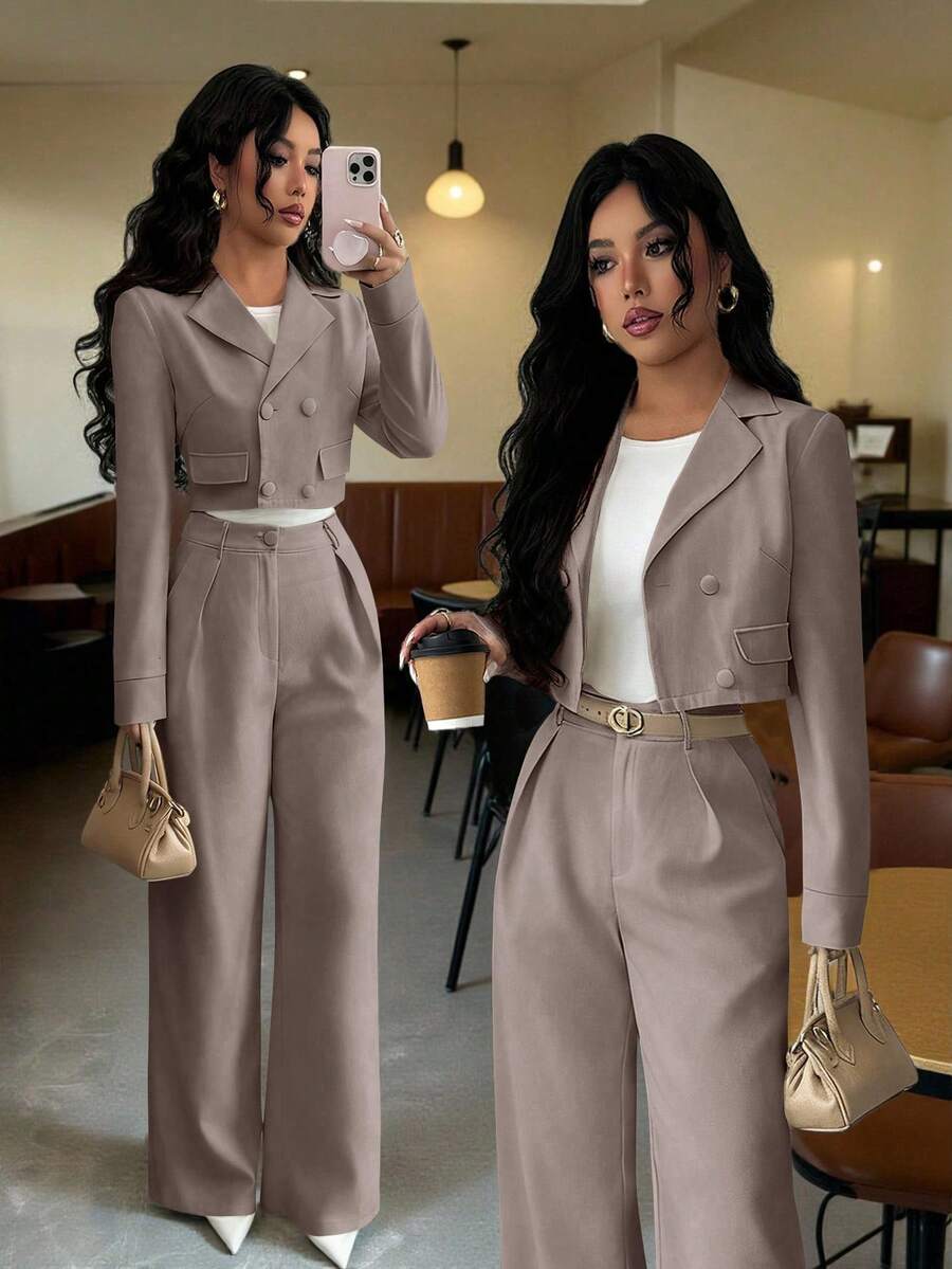 Elenzga 优雅休闲时尚办公通勤返校两件套，方领西装外套搭配宽松直筒裤，秋冬款 - 摩卡棕 - 查看 1