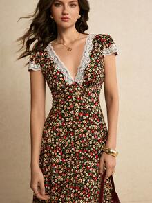 Poéselle 女士碎花撞色蕾丝深V领中长连衣裙，度假风 - 彩色 - 查看 6