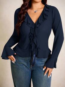 Elaquor Elegante Bluse mit Rüschen, weiten Ärmeln und Schleife vorne für Damen, Herbst - marineblau - Übersicht 4