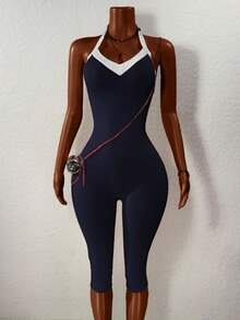 BamGleam Bộ đồ liền thân hở lưng màu tương phản thời trang dành cho nữ, mùa hè - Màu xanh hải quân - Xem 4