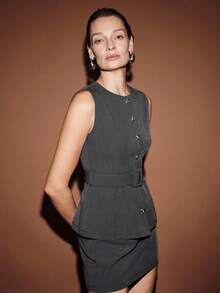 SHEIN LUNE Women's Summer Dark Grey Sleeveless Metal Buckle Cinched Waist Fitted Top & A-Line Skorts 2-Piece Set,Elegant Smart Casual Office Blazer Skirt Set - Dark Grey - View 7