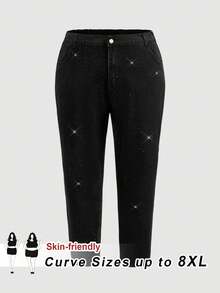 SHEIN CURVE+ Jeans für Damen in Große Größen, vielseitig einsetzbar mit Knopftaschen und Skinny Fit, Jeans in Große Größen mit schwarzen Strass-Steinen, schwarze Strass-Jeans in Große Größen mit Tapered Fit für Damen, Jeans mit funkelnder elastischer Taille, Weihnachtsparty-Jeans für Damen in Große Größen, elegante Strass-Jeans für den Winter, Jeans in Große Größen, elegante Mom-Jeans, Partyjeans, lässige Arbeitsjeans, Hosen für Herbst/Winter, glänzend verzierte Jeans - Schwarz - Übersicht 7