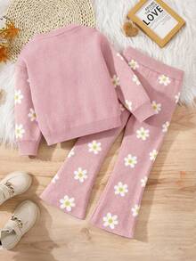 2pcs/Set Young Girl Heart Pattern Loose Casual Sweatshirt And Flare Pants Knit Suit - Pink - View 2