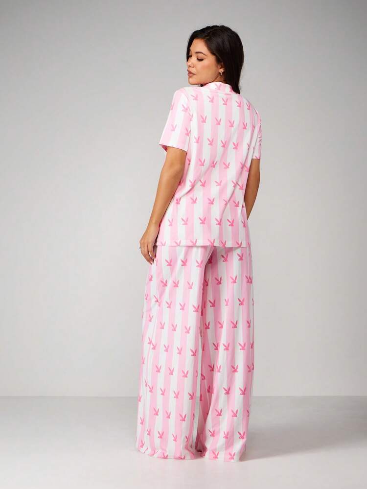Missguided x Playboy Ensemble de pyjama avec imprimé lapin confortable, composé d'un haut à manches courtes avec boutons et d'un pantalon à jambes larges pour le détente