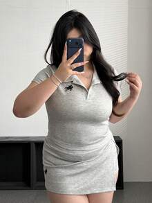Flirla Solid Color Casual Comfortable Sports Shorts Set Polo Dress - Grey - View 4