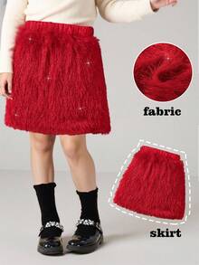 Young Girl Valentine's Day Shiny Fringe Design Fabric Red Skirt, Suitable For Party, Elegant, Vacation - Red - View 1